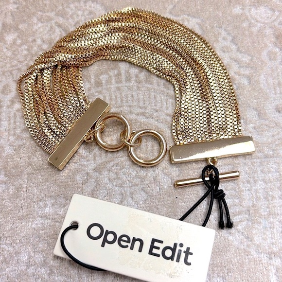 Brand New Open Edit Gold Tone Multi-Strand Chain Toggle Bracelet Statement Cuff - Picture 1 of 14